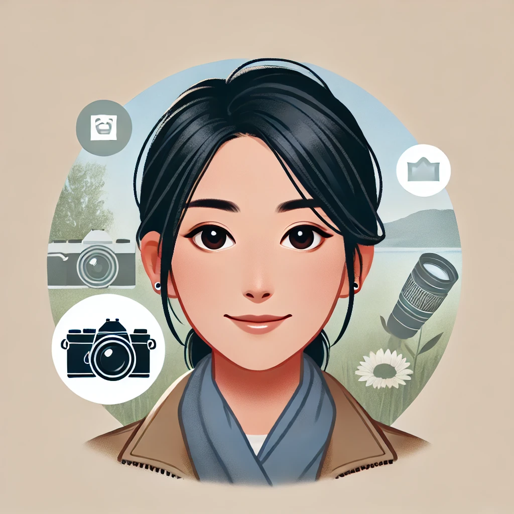 dall·e 2024-10-06 20.49.41 - a face avatar of an asian woman, representing a photographer. the avatar should depict a friendly and creative personality, with a focus on photograph.webp